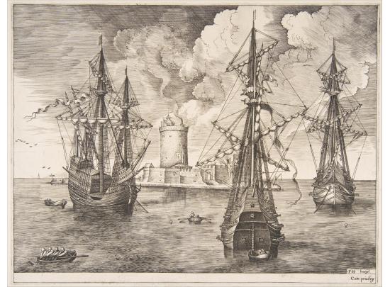 One four-masted and two armed three-masted ships anchored off a fortified island with a lighthouse