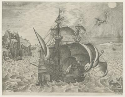 Armed three-masted ship off a coast, with the Fall of Daedalus and Icarus