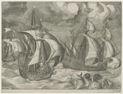 Three caravels in a rising gale, with Arion on a dolphin in the foreground