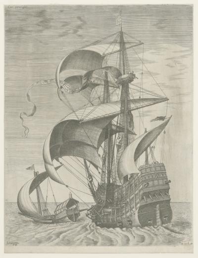 Armed three-masted ship in open sea, escorted by a galley