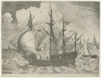 Armed four-masted ship leaving a port