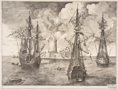 One four-masted and two armed three-masted ships anchored off a fortified island with a lighthouse